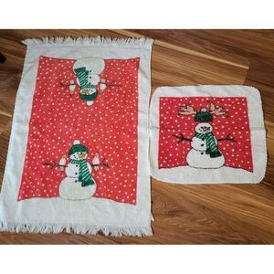Vintage Christmas Hand Towel Wash Cloth Cannon Snowman Fringe Red White USA